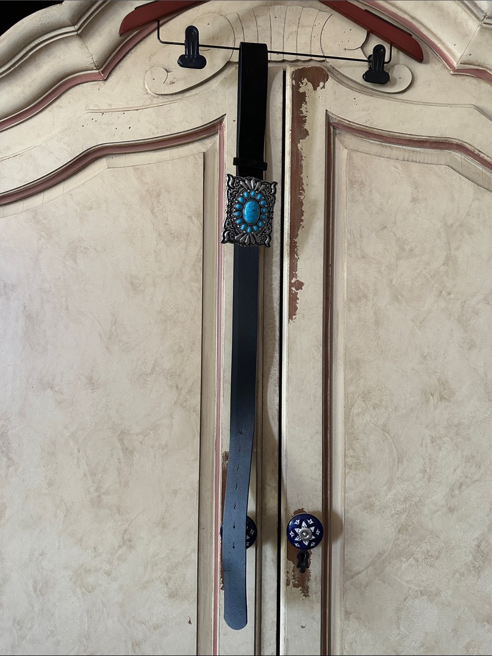 Black Faux Leather Belt with Turquoise colored Accent Buckle